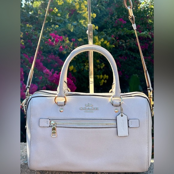 COACH Rowan Crossgrain Leather Satchel/Crossbody Bag in Chalk w/Coach Twilly - Picture 6 of 13